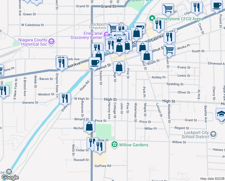 map of restaurants, bars, coffee shops, grocery stores, and more near 57 Harvey Avenue in Lockport
