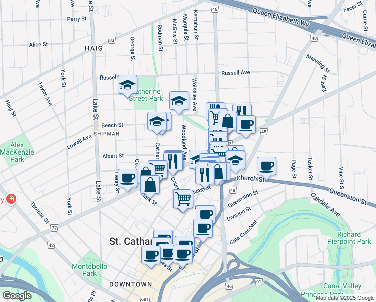 map of restaurants, bars, coffee shops, grocery stores, and more near in St. Catharines