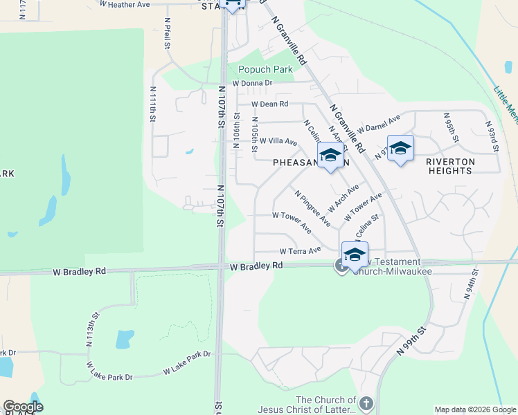 map of restaurants, bars, coffee shops, grocery stores, and more near 8105 North 105th Street in Milwaukee