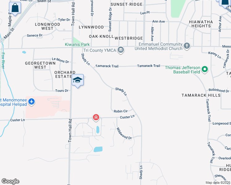 map of restaurants, bars, coffee shops, grocery stores, and more near W175N8140 Robin Circle in Menomonee Falls