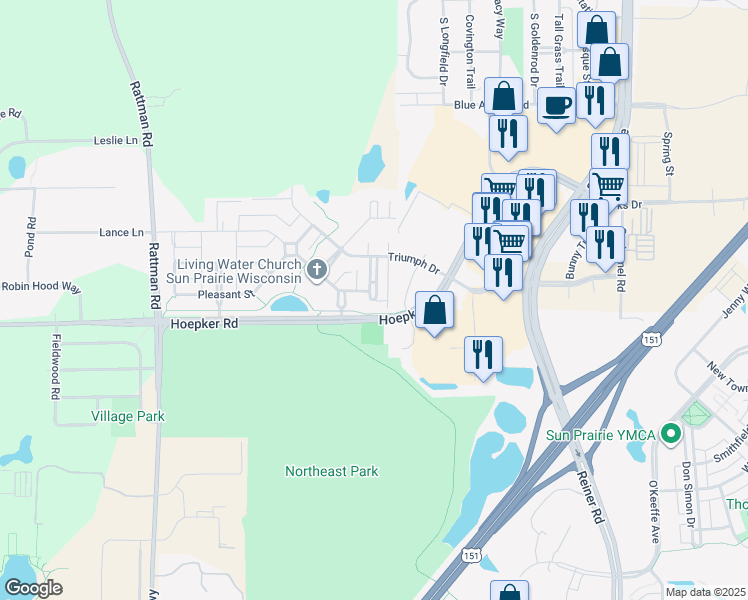 map of restaurants, bars, coffee shops, grocery stores, and more near 1243 Prospect Commons in Sun Prairie
