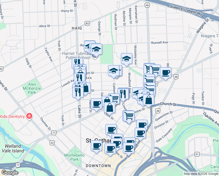 map of restaurants, bars, coffee shops, grocery stores, and more near 123 Albert Street in St. Catharines
