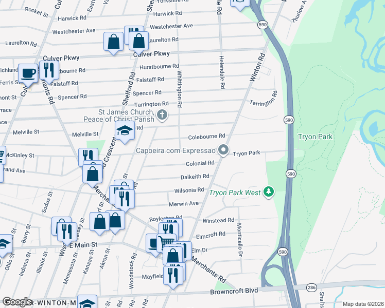 map of restaurants, bars, coffee shops, grocery stores, and more near 297 Farmington Road in Rochester