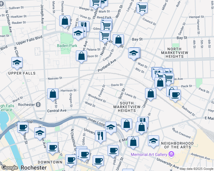 map of restaurants, bars, coffee shops, grocery stores, and more near 99 Davis Street in Rochester