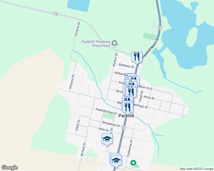 map of restaurants, bars, coffee shops, grocery stores, and more near 267 Station Street in Parkhill