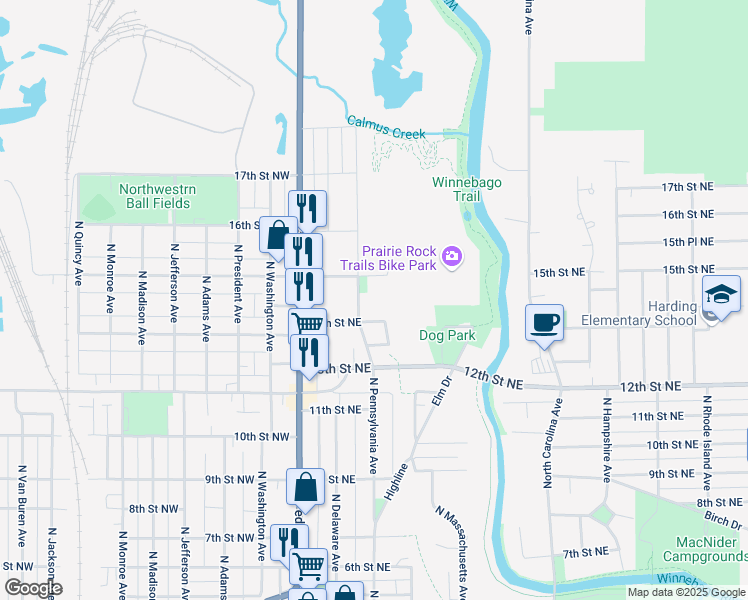 map of restaurants, bars, coffee shops, grocery stores, and more near 1413 North Pennsylvania Avenue in Mason City