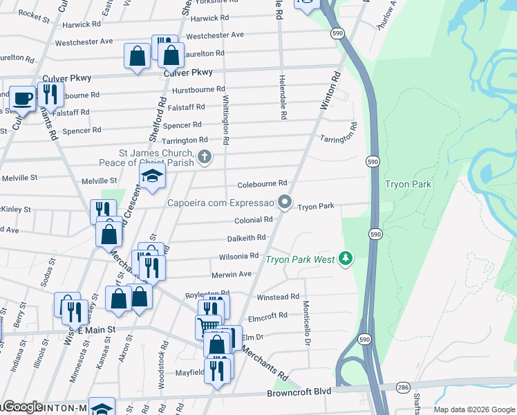 map of restaurants, bars, coffee shops, grocery stores, and more near 351 Farmington Road in Rochester