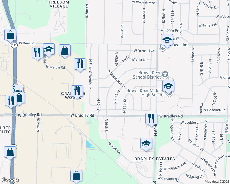 map of restaurants, bars, coffee shops, grocery stores, and more near 8100 North 65th Street in Brown Deer
