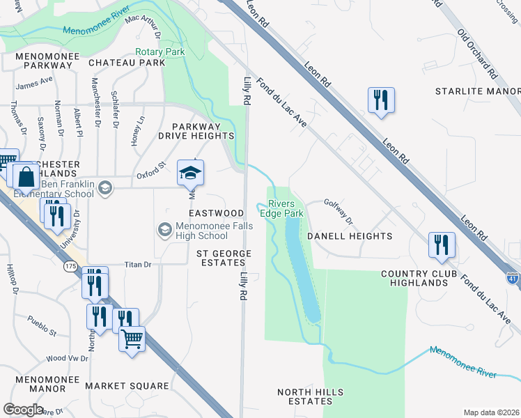 map of restaurants, bars, coffee shops, grocery stores, and more near W140N8128 Lilly Road in Menomonee Falls