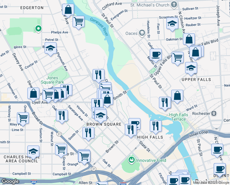 map of restaurants, bars, coffee shops, grocery stores, and more near 194 Smith Street in Rochester