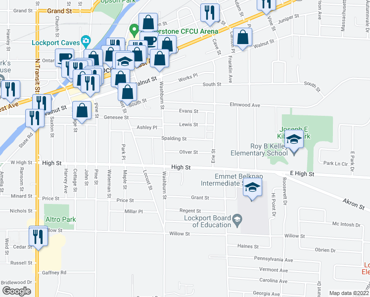map of restaurants, bars, coffee shops, grocery stores, and more near 42 Oliver Street in Lockport