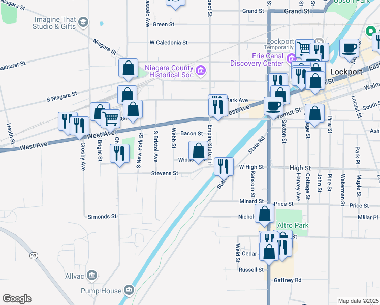 map of restaurants, bars, coffee shops, grocery stores, and more near 32 Sunnyside Street in Lockport
