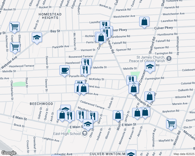 map of restaurants, bars, coffee shops, grocery stores, and more near 62 McKinley Street in Rochester