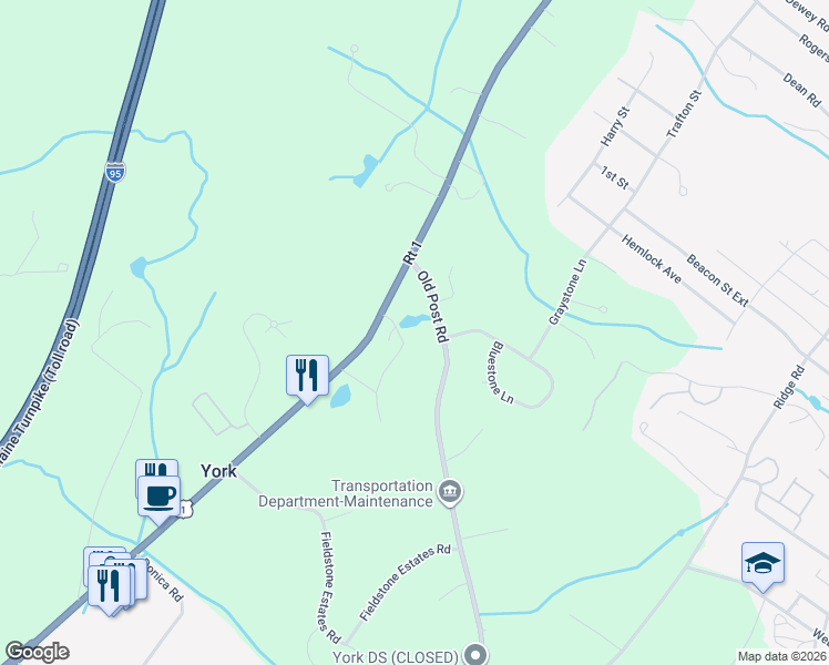 map of restaurants, bars, coffee shops, grocery stores, and more near 39 Old Post Road in York