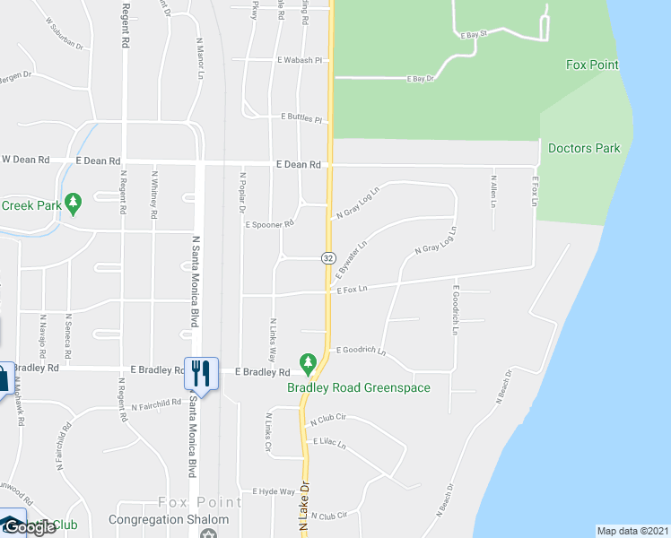 map of restaurants, bars, coffee shops, grocery stores, and more near 1100 East Bywater Lane in Fox Point