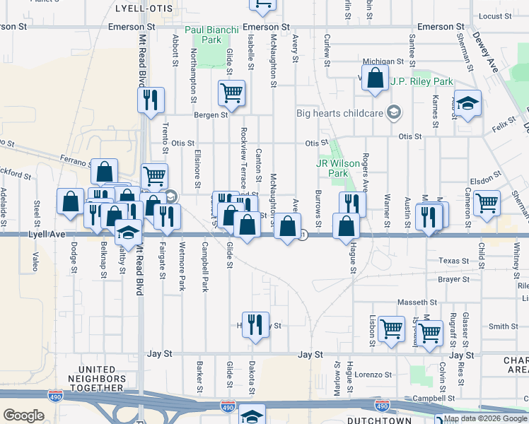 map of restaurants, bars, coffee shops, grocery stores, and more near 4 Waldo Street in Rochester