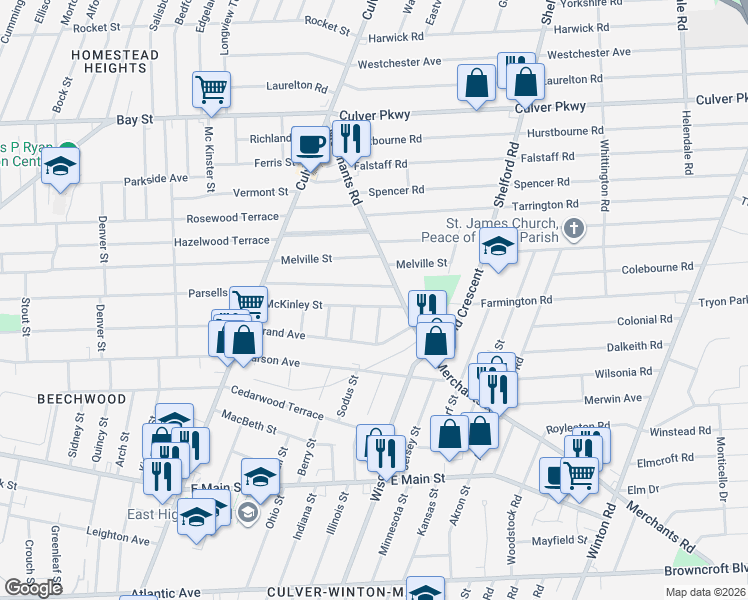 map of restaurants, bars, coffee shops, grocery stores, and more near 200 McKinley Street in Rochester
