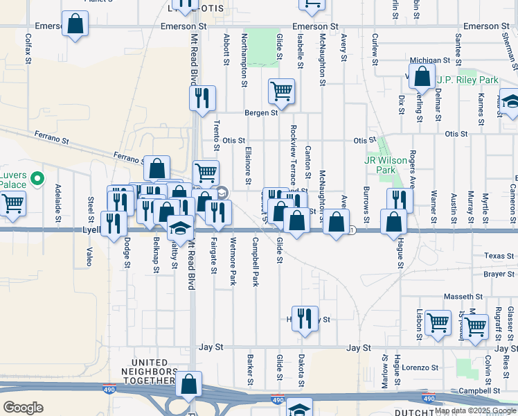 map of restaurants, bars, coffee shops, grocery stores, and more near 46 Sunset Street in Rochester