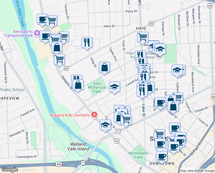 map of restaurants, bars, coffee shops, grocery stores, and more near 4 Haig Street in St. Catharines