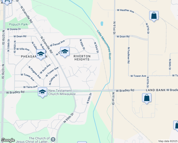 map of restaurants, bars, coffee shops, grocery stores, and more near 9710 West Tower Avenue in Milwaukee