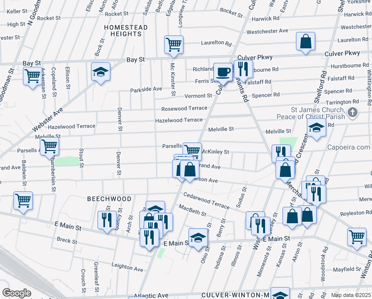 map of restaurants, bars, coffee shops, grocery stores, and more near 1103 Culver Road in Rochester