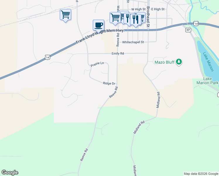 map of restaurants, bars, coffee shops, grocery stores, and more near 501 Ridge Drive in Mazomanie
