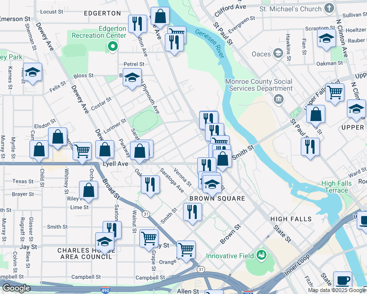 map of restaurants, bars, coffee shops, grocery stores, and more near 163 Spencer Street in Rochester