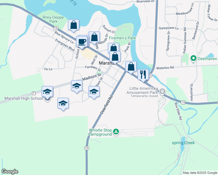 map of restaurants, bars, coffee shops, grocery stores, and more near 119 Porter Street in Marshall