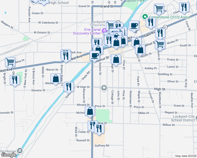 map of restaurants, bars, coffee shops, grocery stores, and more near 106 Saxton Street in Lockport