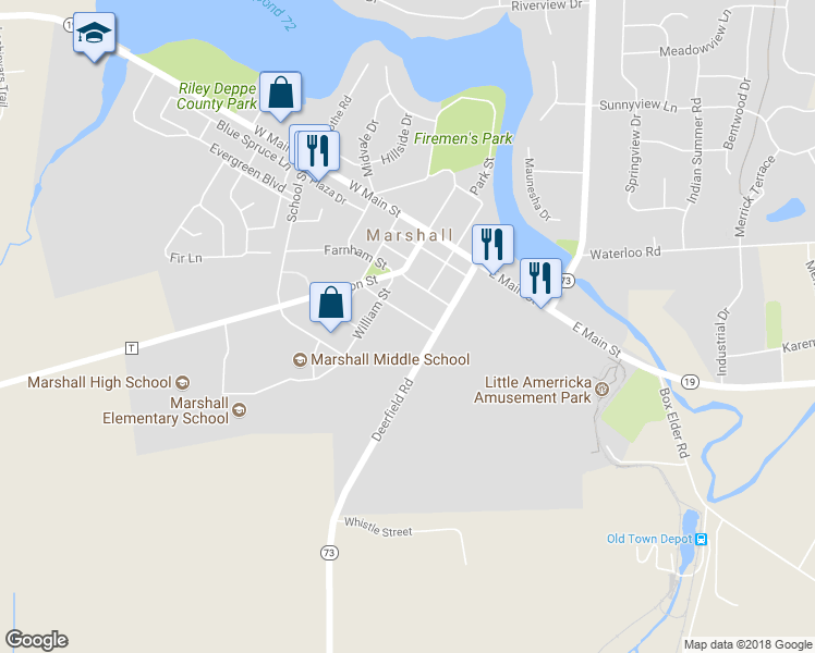 map of restaurants, bars, coffee shops, grocery stores, and more near 123 Porter Street in Marshall