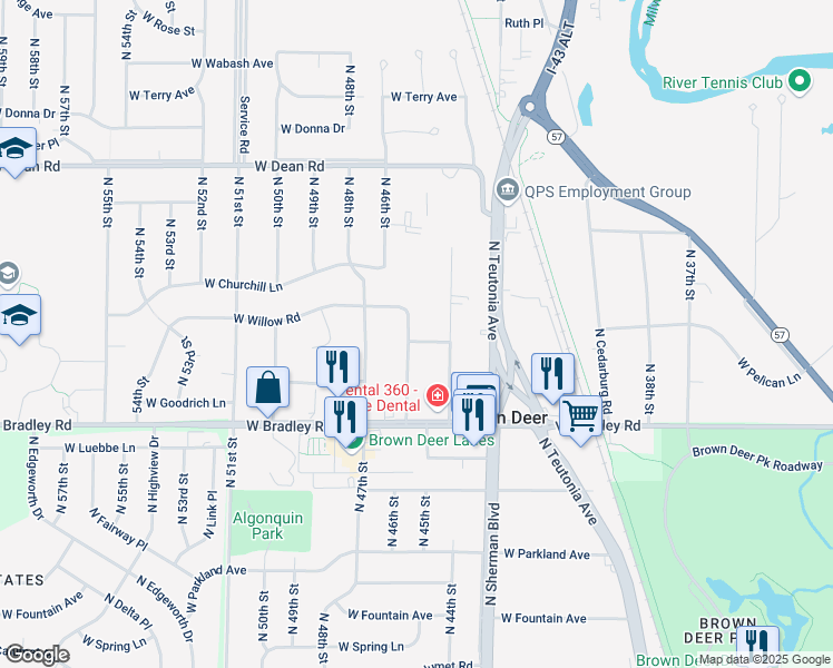map of restaurants, bars, coffee shops, grocery stores, and more near 8130 North 45th Street in Brown Deer
