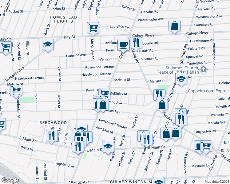 map of restaurants, bars, coffee shops, grocery stores, and more near 42 McKinley Street in Rochester