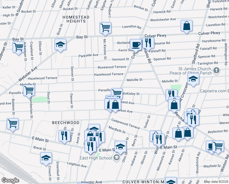 map of restaurants, bars, coffee shops, grocery stores, and more near 1103 Culver Road in Rochester