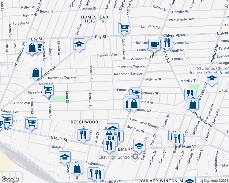 map of restaurants, bars, coffee shops, grocery stores, and more near 437 Parsells Avenue in Rochester