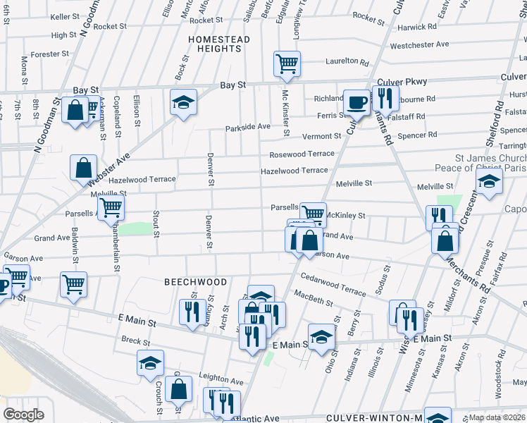 map of restaurants, bars, coffee shops, grocery stores, and more near 437 Parsells Avenue in Rochester