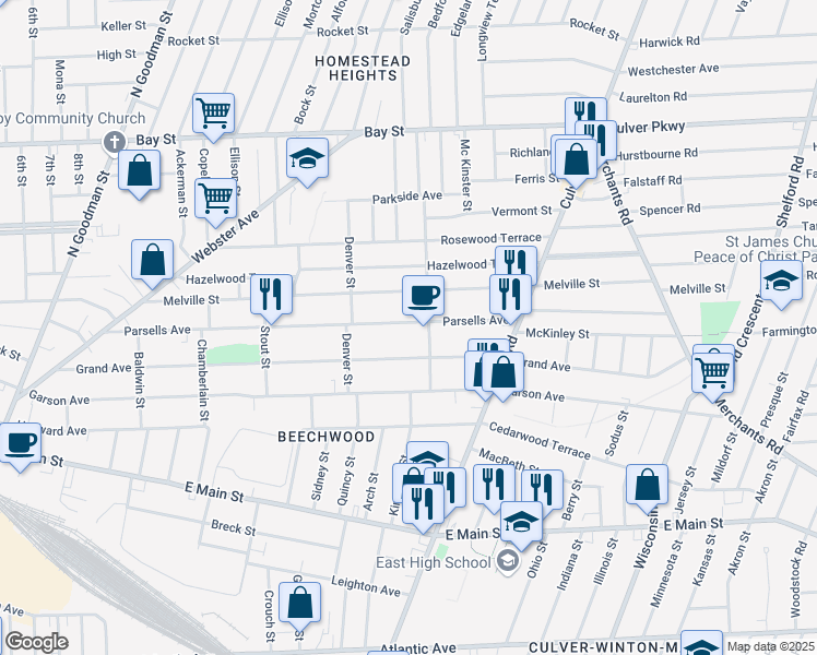 map of restaurants, bars, coffee shops, grocery stores, and more near 393 Parsells Avenue in Rochester