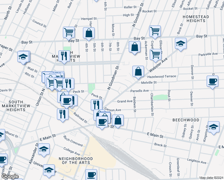 map of restaurants, bars, coffee shops, grocery stores, and more near 626 1/2 North Goodman Street in Rochester