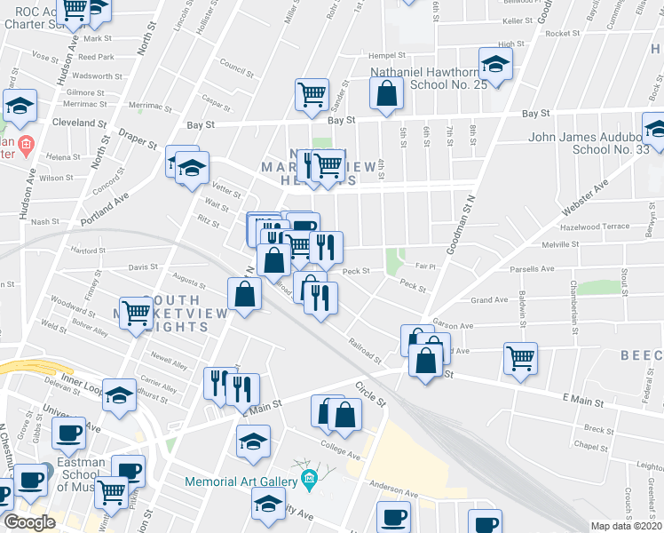 map of restaurants, bars, coffee shops, grocery stores, and more near 193 Peck Street in Rochester
