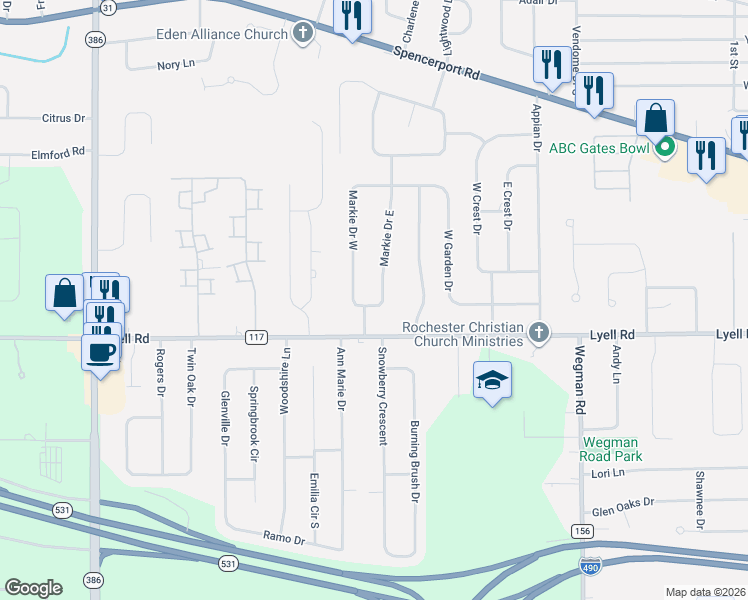 map of restaurants, bars, coffee shops, grocery stores, and more near 5 Markie Drive West in Rochester