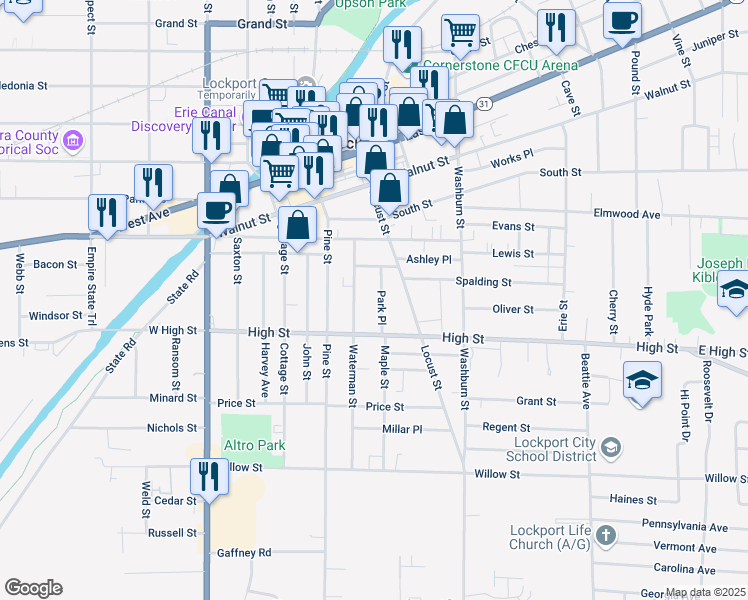 map of restaurants, bars, coffee shops, grocery stores, and more near 67 Waterman Street in Lockport