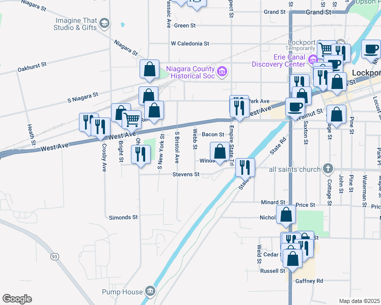 map of restaurants, bars, coffee shops, grocery stores, and more near 65 Webb Street in Lockport