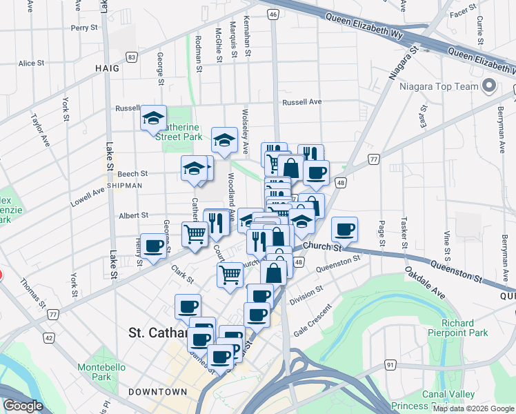 map of restaurants, bars, coffee shops, grocery stores, and more near 165 Welland Avenue in St. Catharines