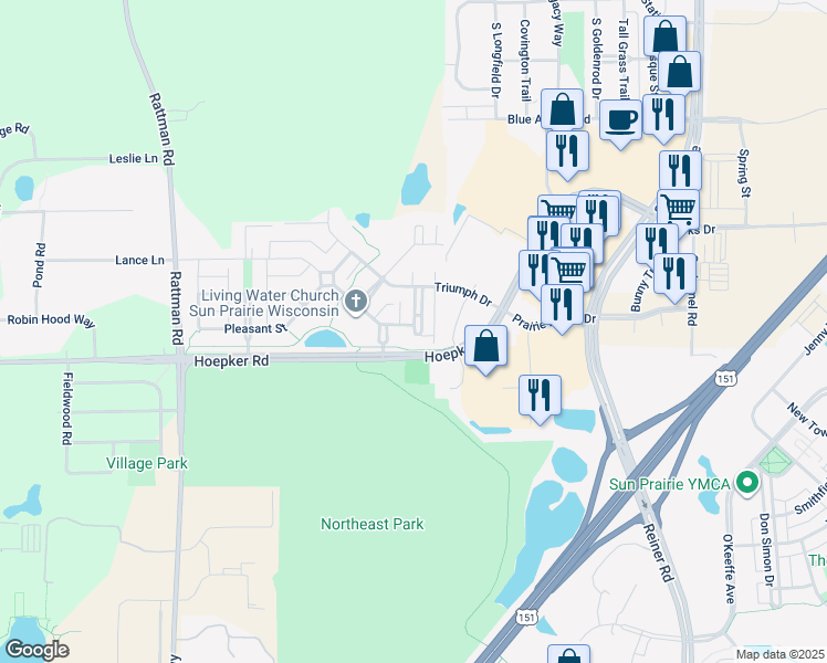map of restaurants, bars, coffee shops, grocery stores, and more near 1243 Prospect Commons in Sun Prairie