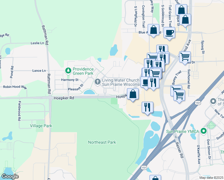 map of restaurants, bars, coffee shops, grocery stores, and more near 1243 Prospect Commons in Sun Prairie