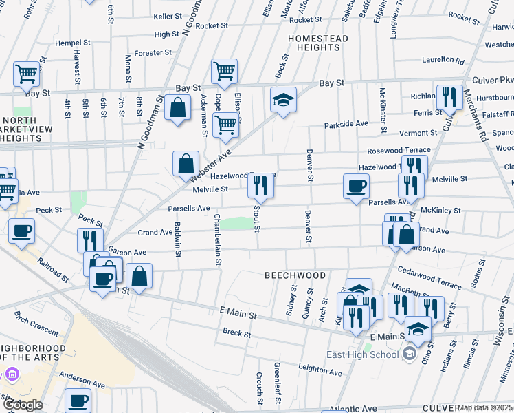 map of restaurants, bars, coffee shops, grocery stores, and more near 224 Parsells Avenue in Rochester