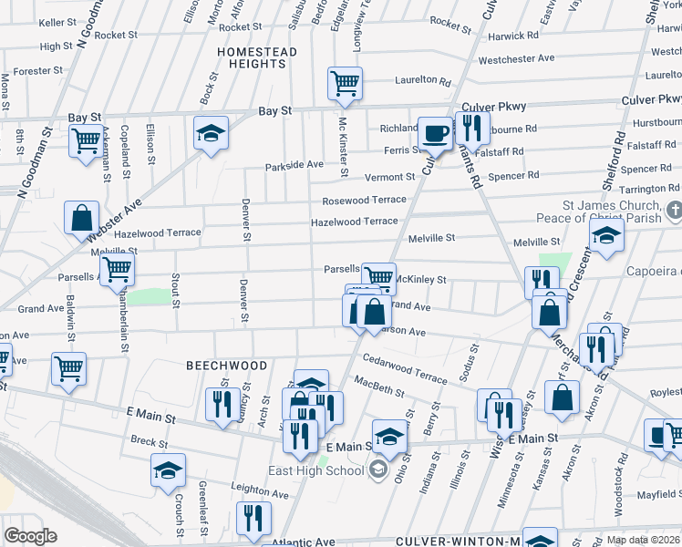 map of restaurants, bars, coffee shops, grocery stores, and more near 493 Parsells Avenue in Rochester