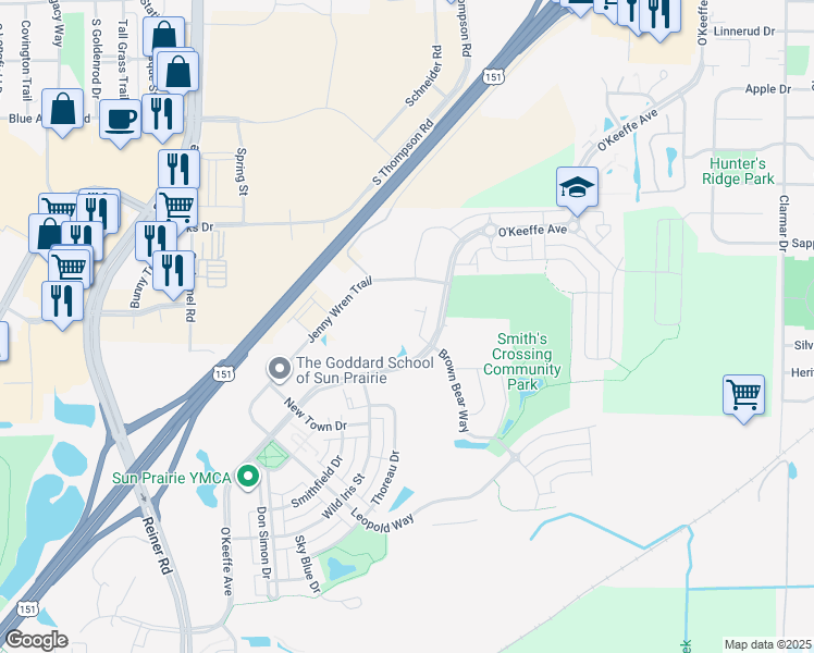 map of restaurants, bars, coffee shops, grocery stores, and more near 1270 O'Keeffe Avenue in Sun Prairie