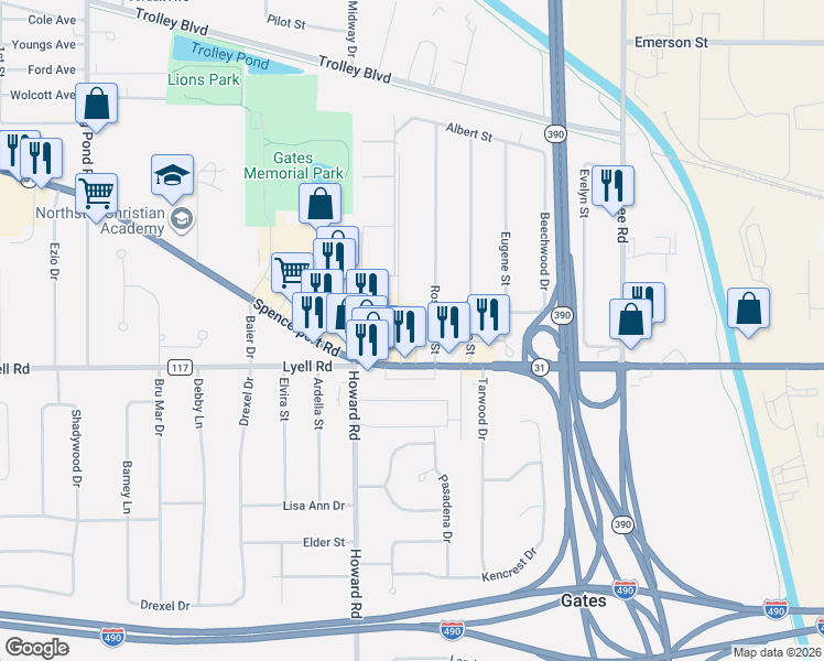 map of restaurants, bars, coffee shops, grocery stores, and more near 2340 Lyell Avenue in Rochester