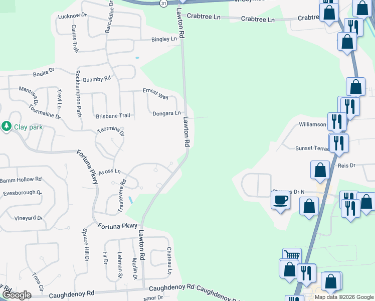 map of restaurants, bars, coffee shops, grocery stores, and more near 8168 Lawton Road in Clay