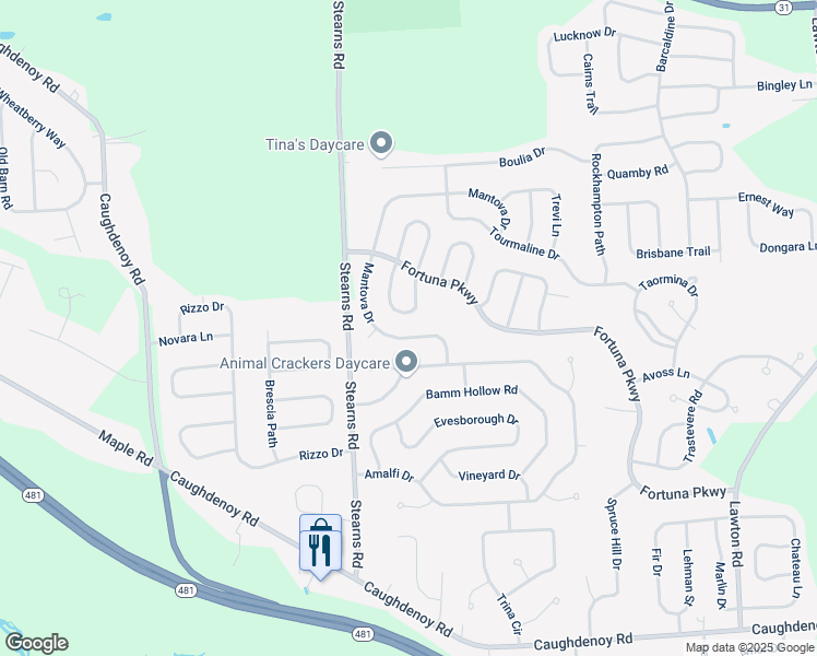 map of restaurants, bars, coffee shops, grocery stores, and more near 8168 Mantova Drive in Clay